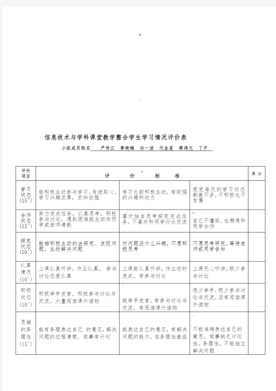 学生学习情况评价表