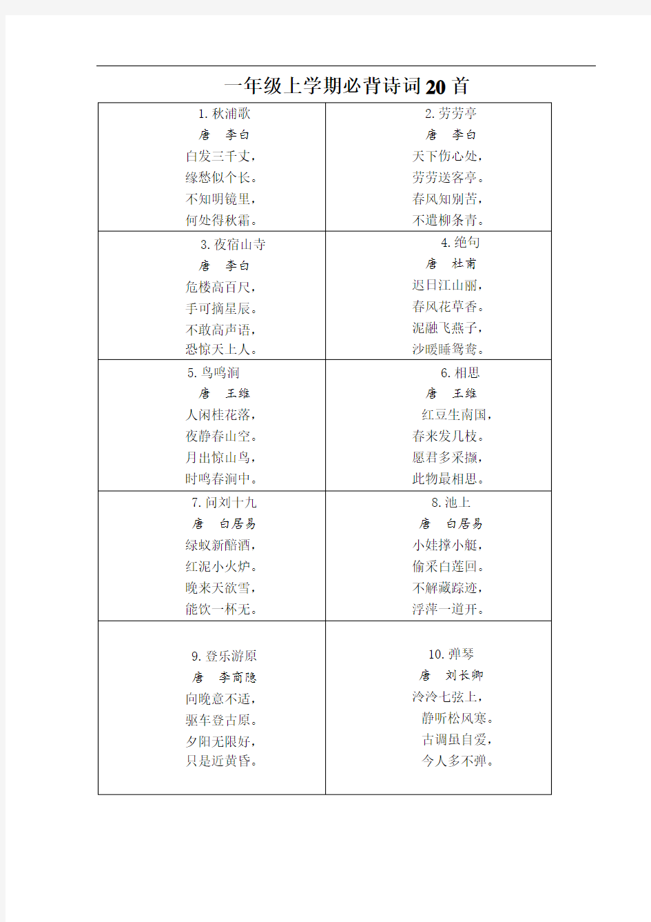 2020年新人教版小学一年级必背古诗40首