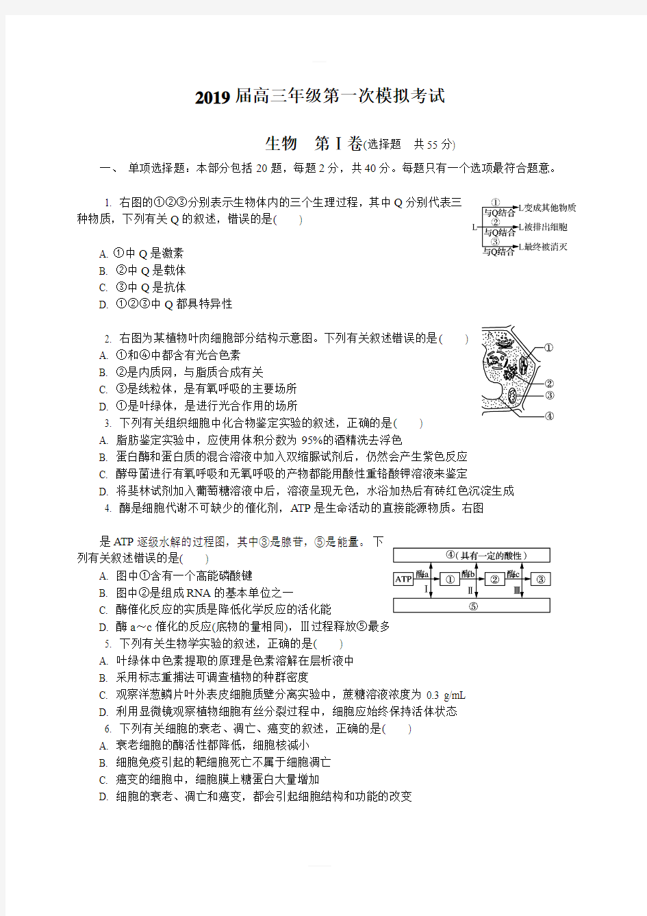 江苏省南京市、盐城市2019届高三第一次模拟考试(1月)生物(含答案)