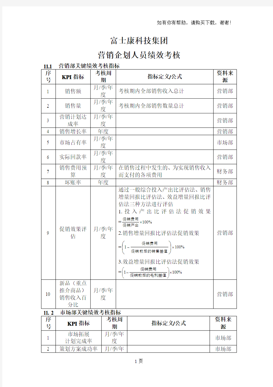 富士康科技集团营销企划人员绩效考核方案