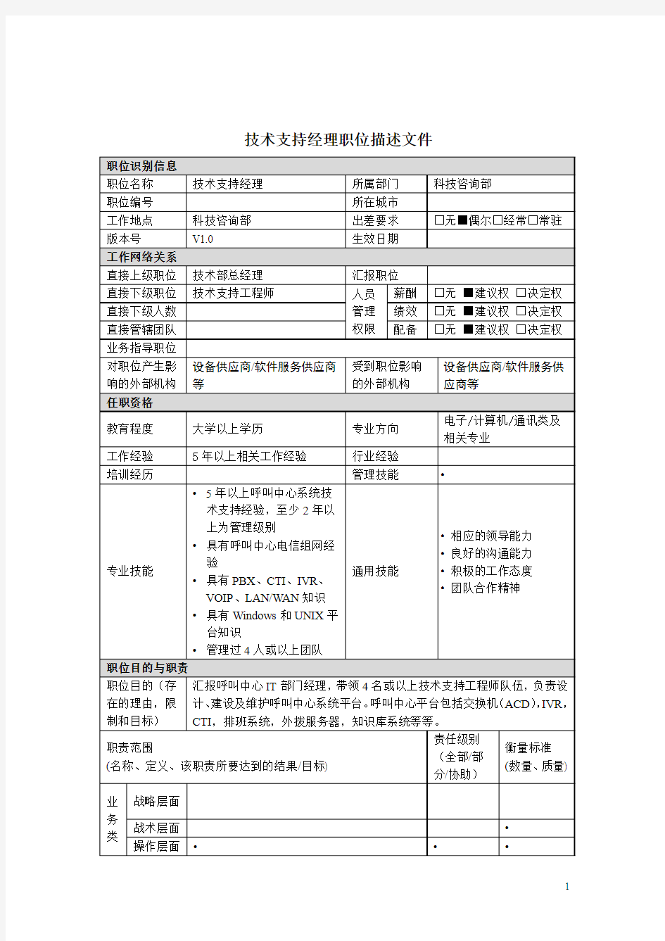 技术支持经理岗位职责说明书