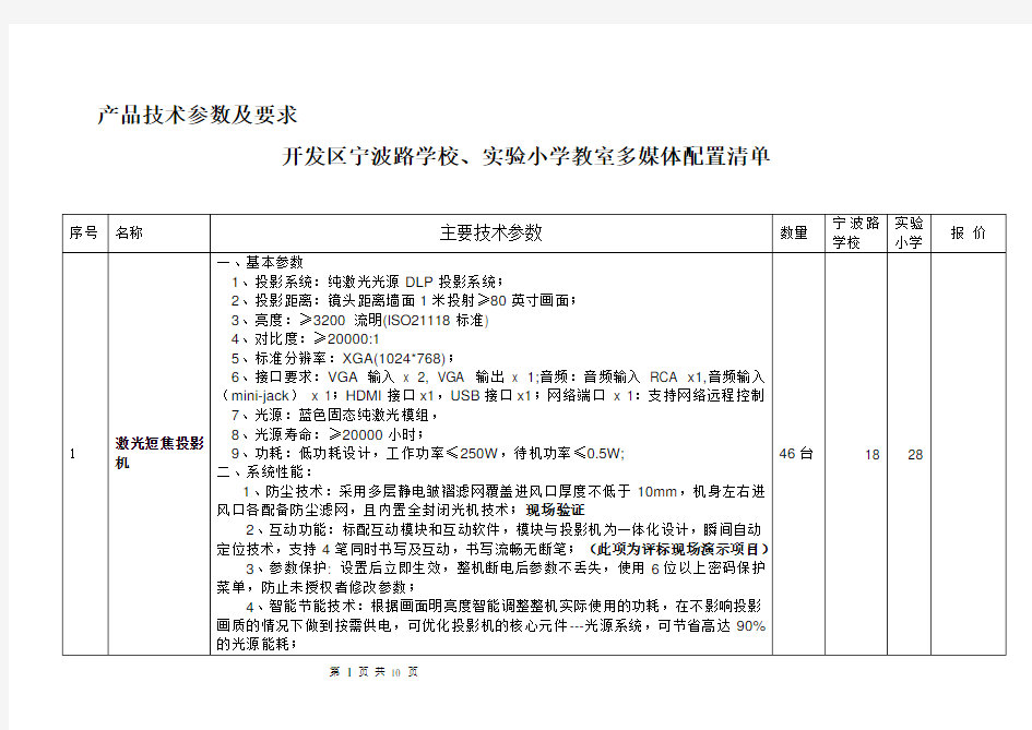 产品技术参数及要求