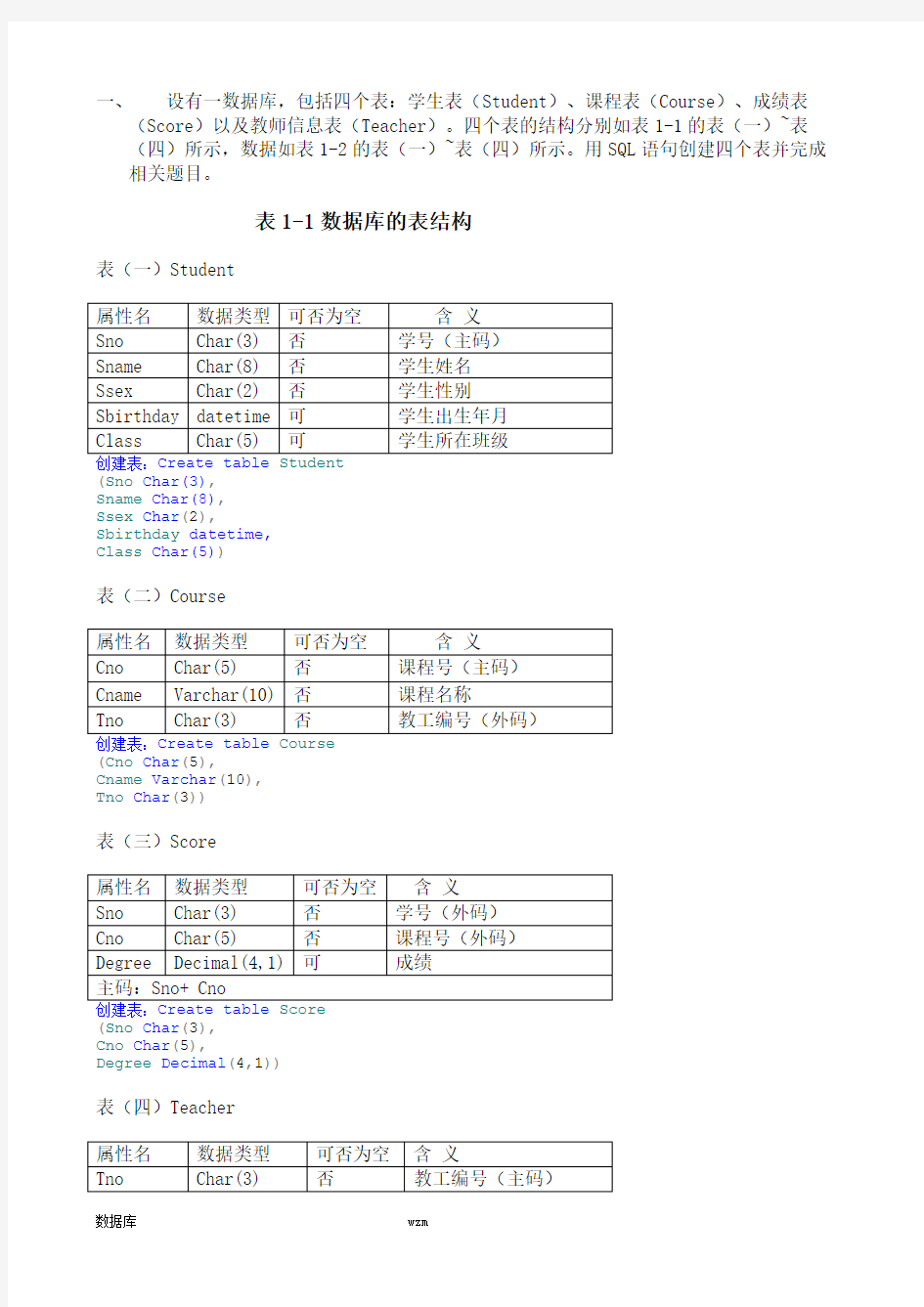 数据库SQL语句练习题