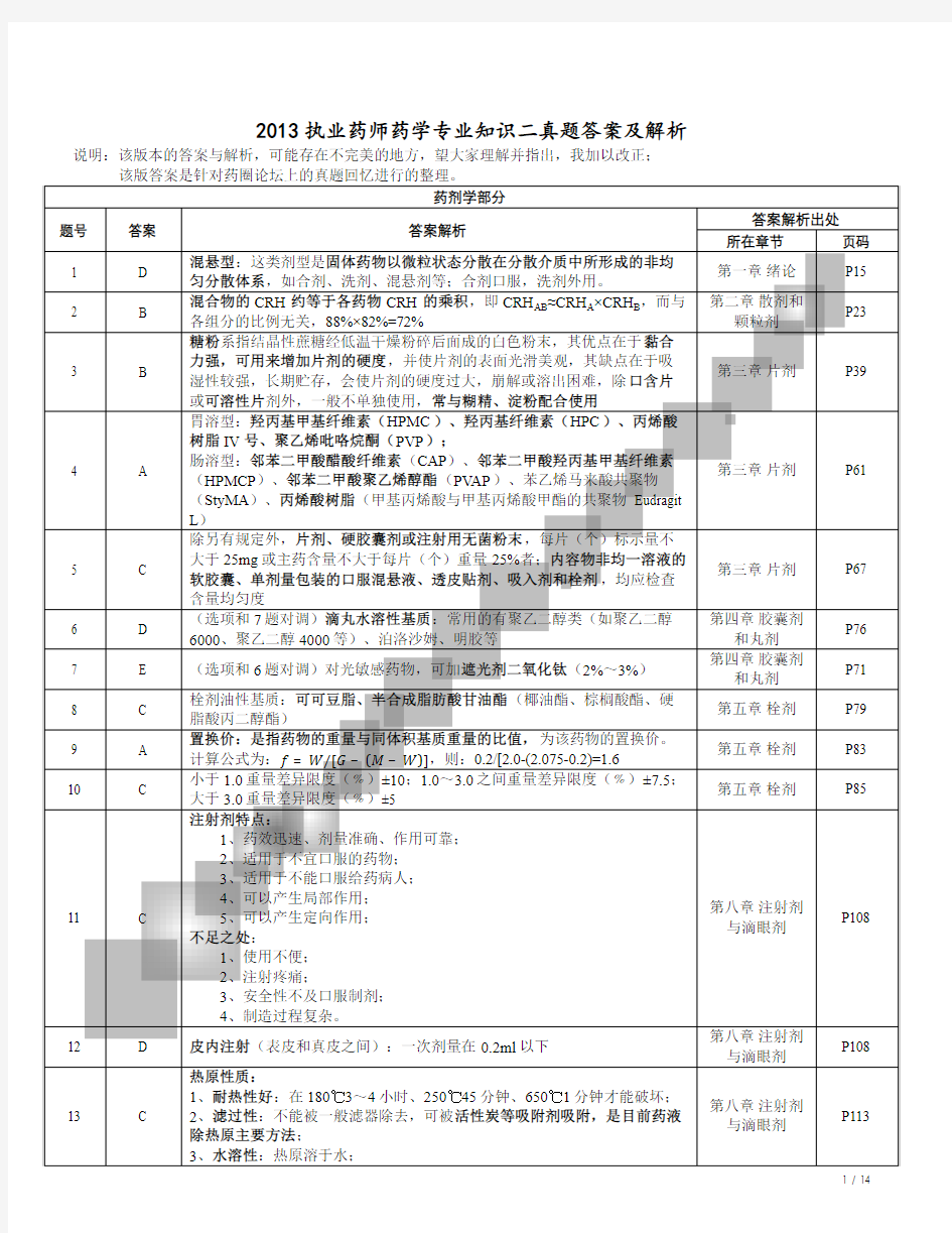 2013执业药师药学专业知识二真题答案及解析(10.23修正版)