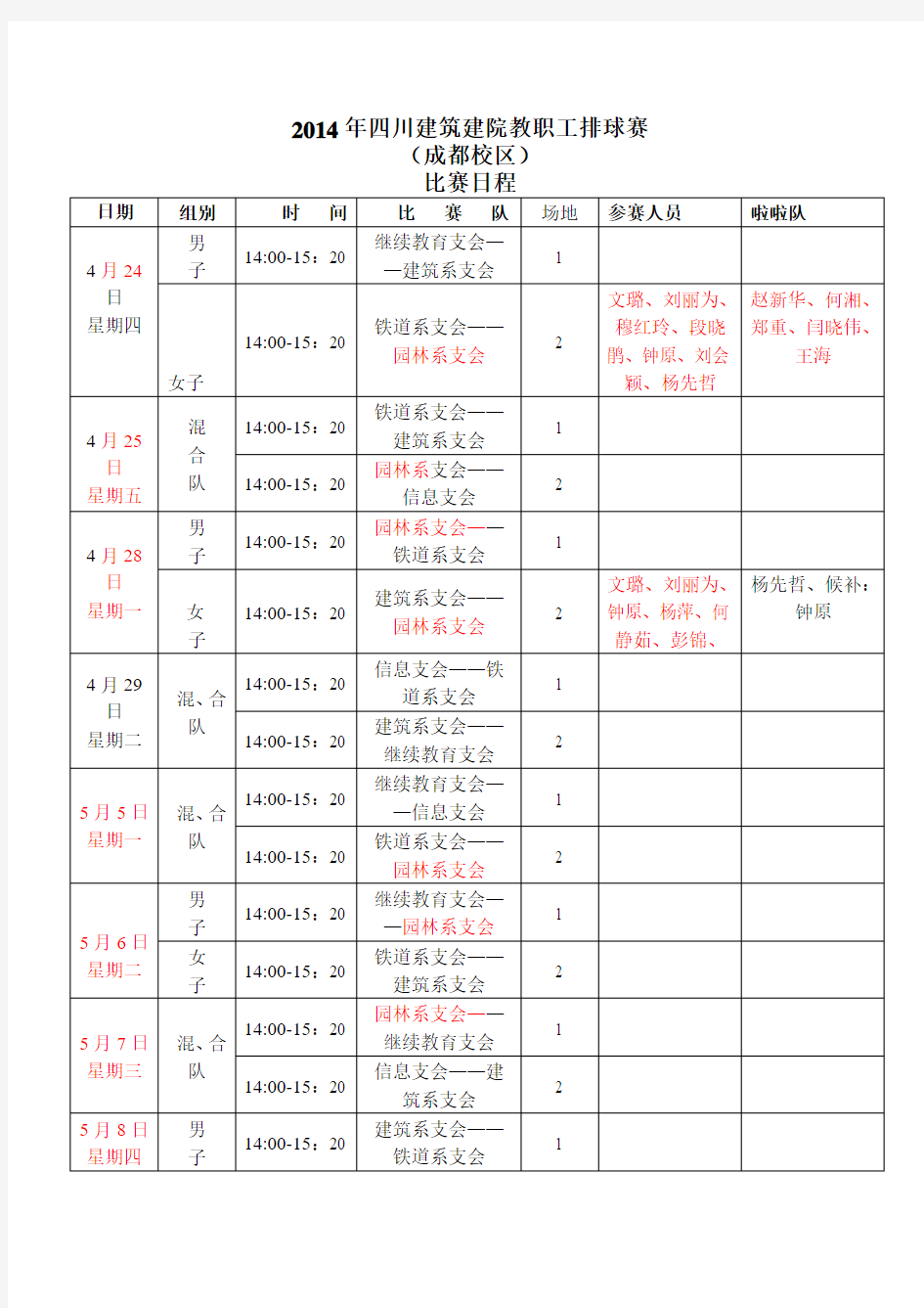 2014教职工排球比赛日程(成都)