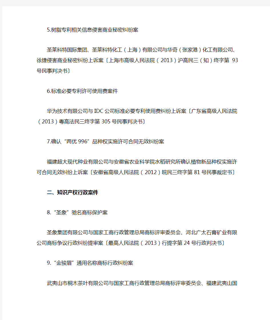2013年中国法院十大知识产权案件