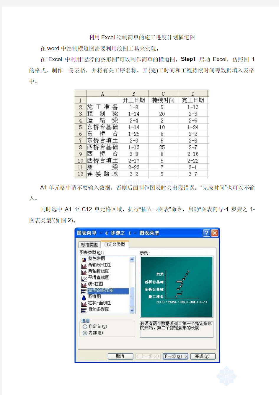 利用excel绘制简单的施工进度计划横道图