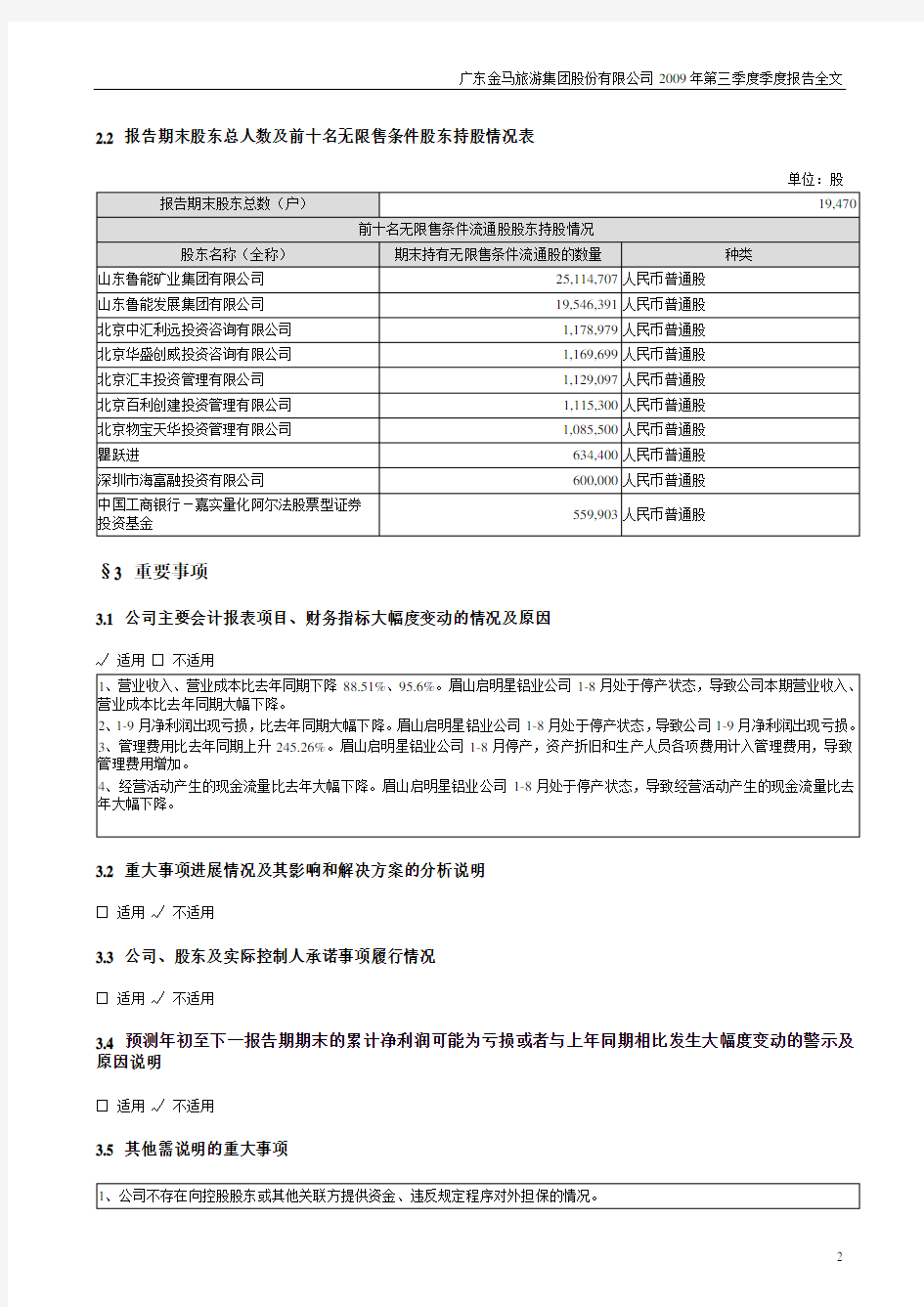 广东金马旅游集团股份有限公司2009年第三季度季度报告全文