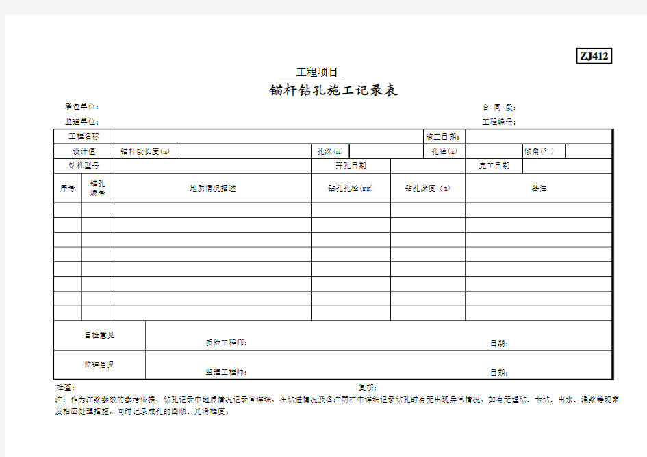 锚杆钻孔施工记录表