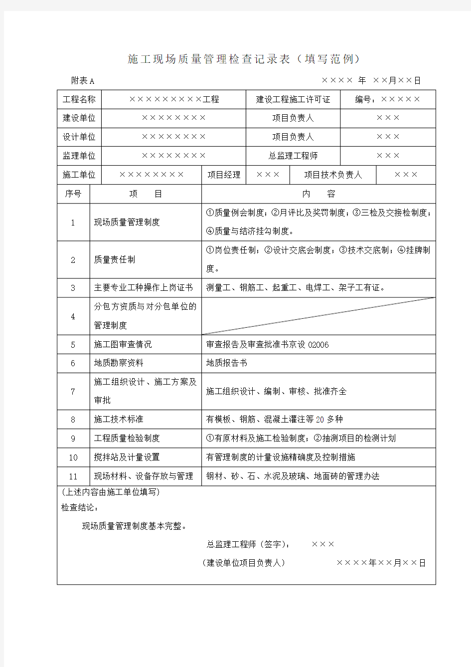 施工现场质量管理检查记录表