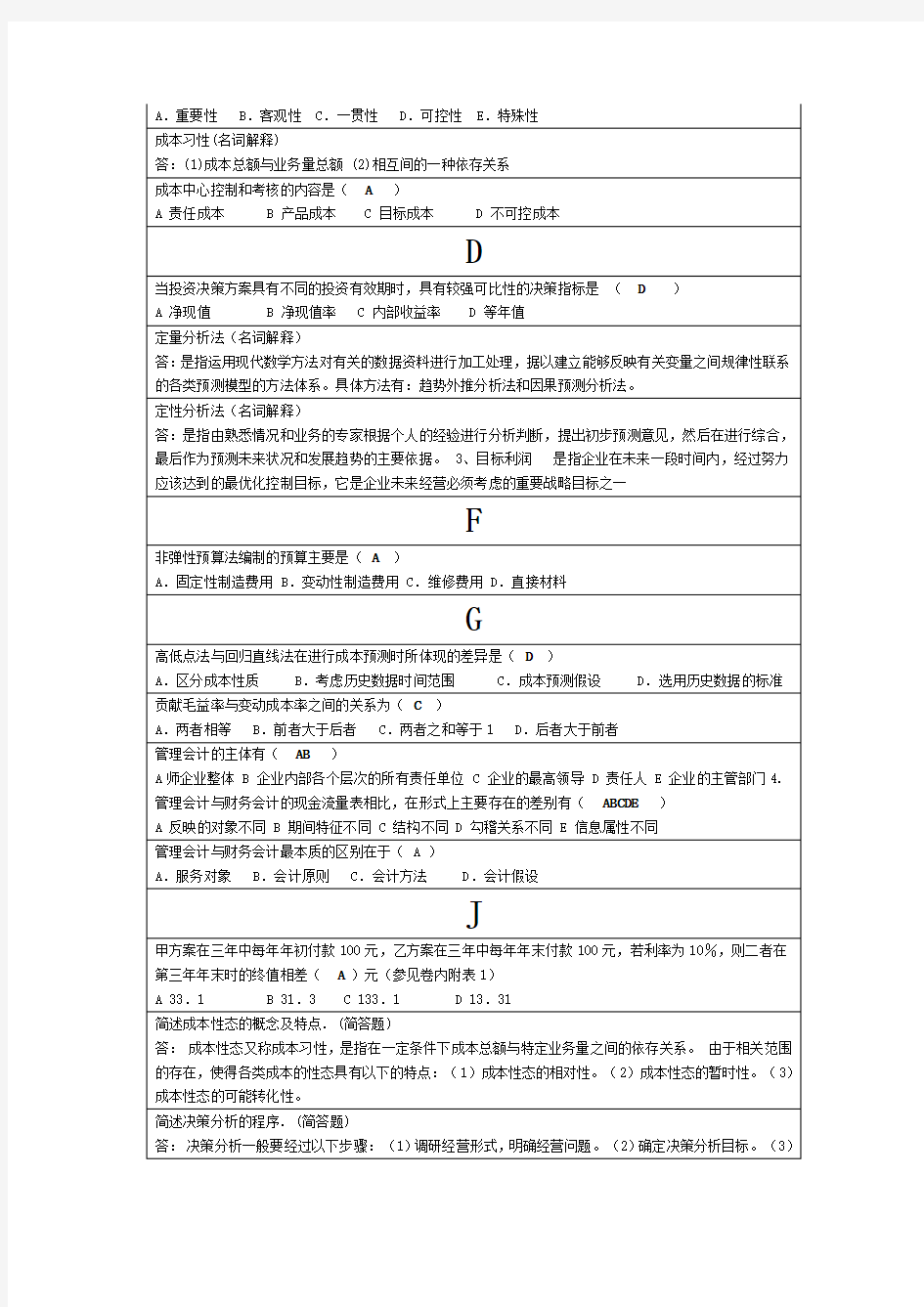 管理会计试题及答案(小抄整理)