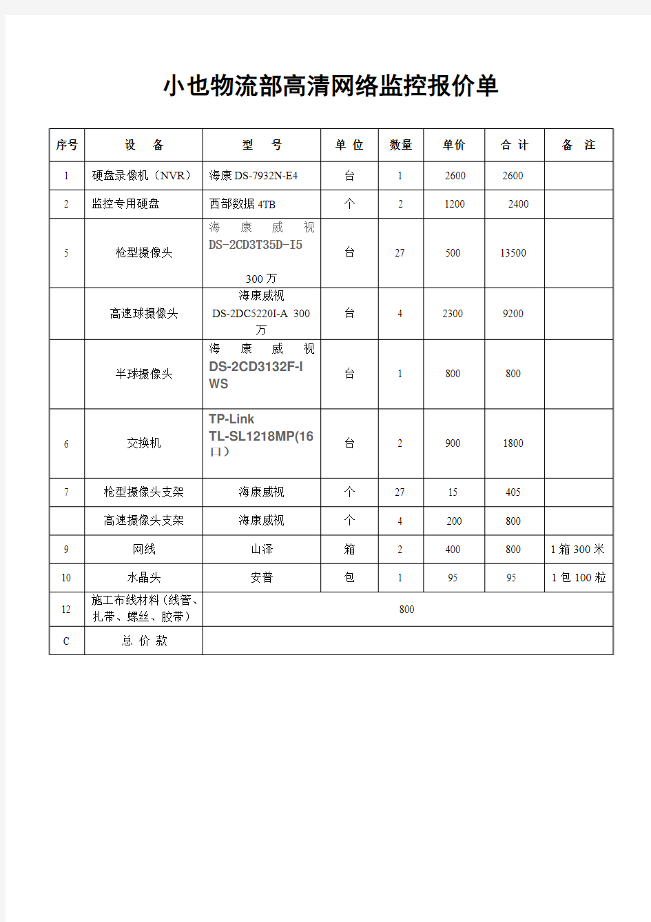 监控报价单范本