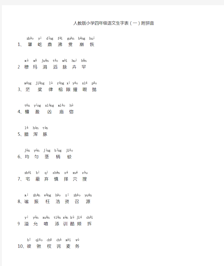 人教版小学四年级语文上册生字表(一)附拼音