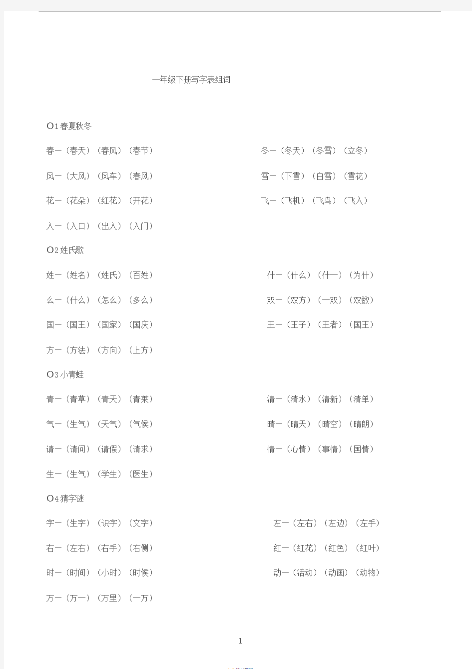 新版一年级语文下册写字表组词大全