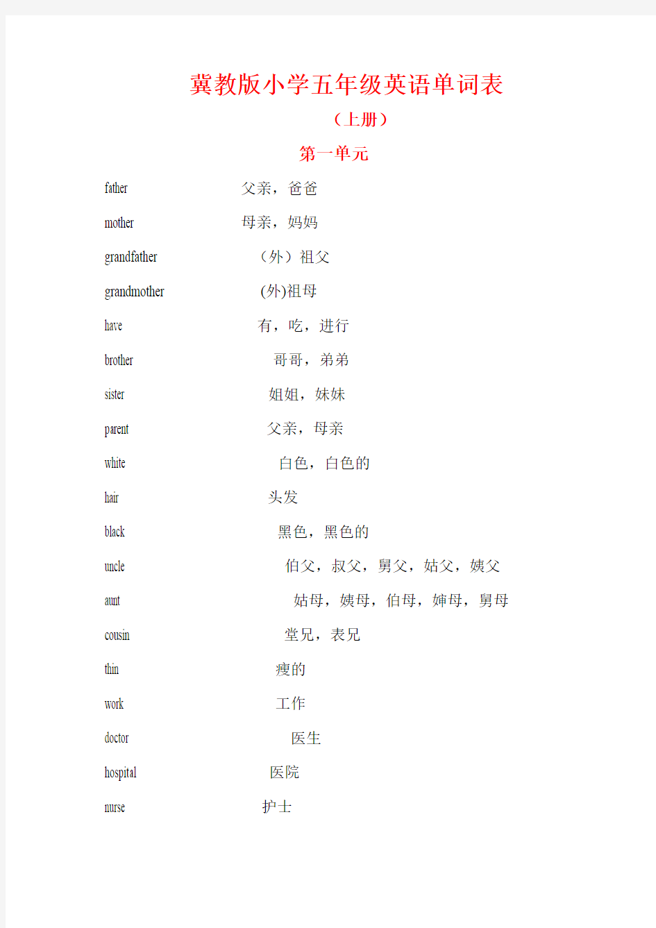 (完整版)冀教版小学五年级英语单词表