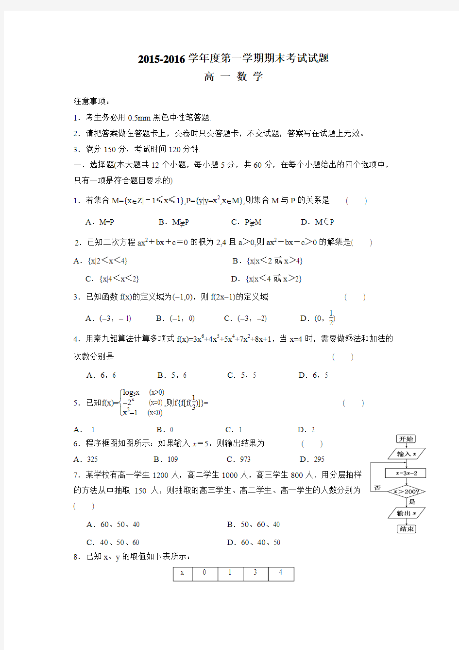 山西省忻州市第一中学15—16学年上学期高一期末考试数学试题(附答案)