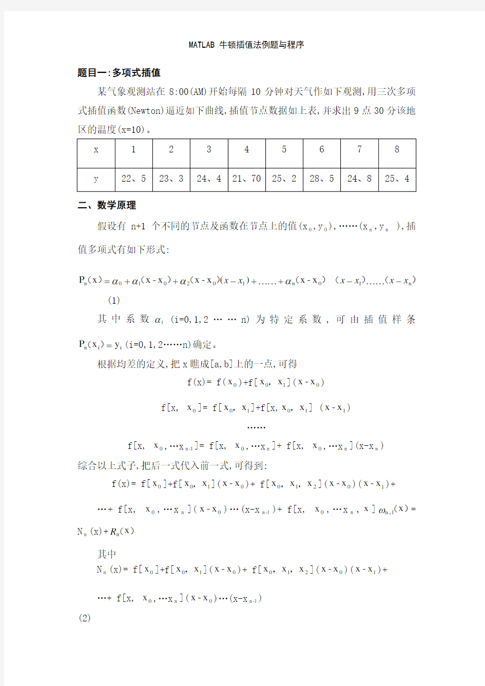 MATLAB 牛顿插值法例题与程序