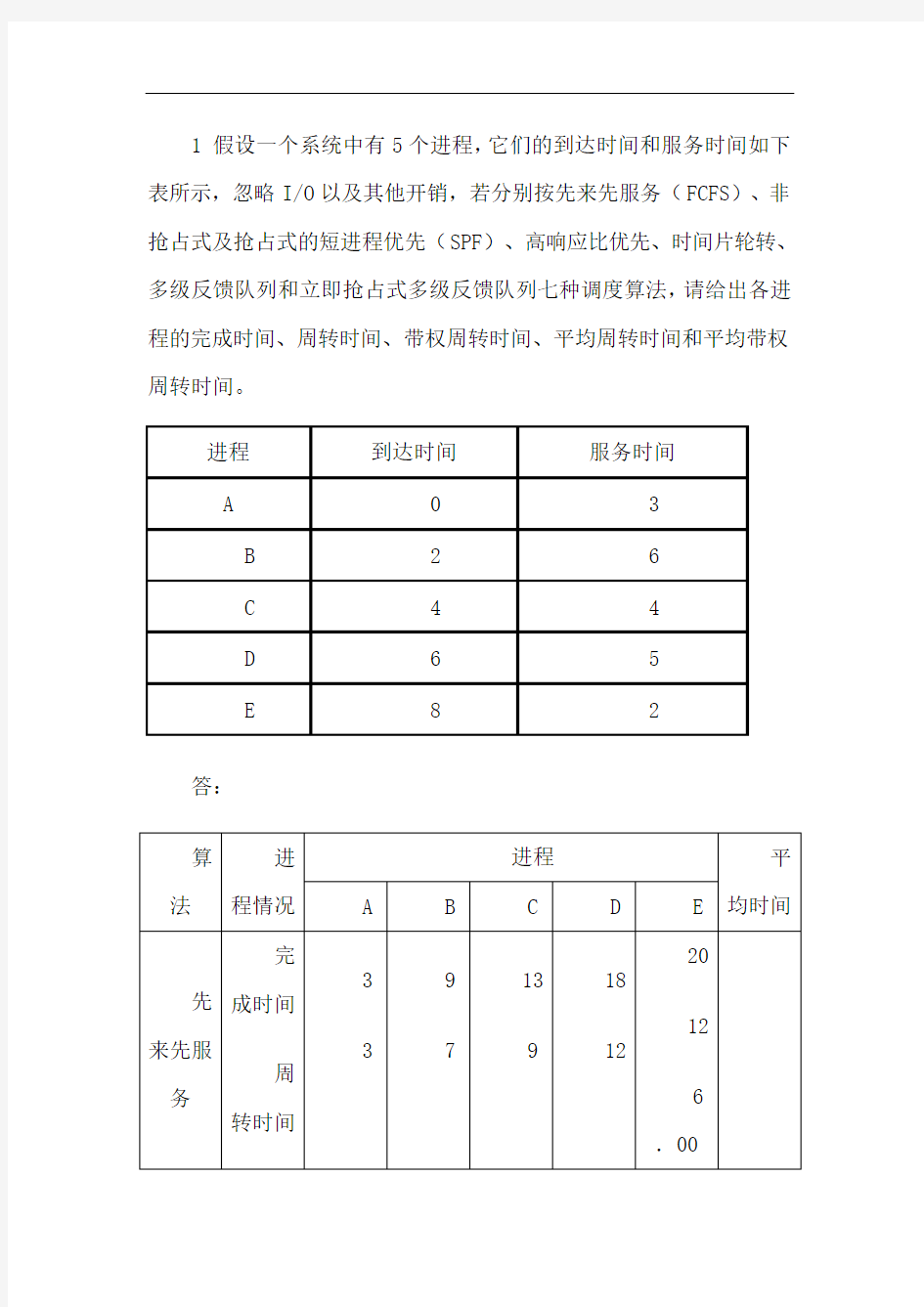 操作系统进程调度练习及答案