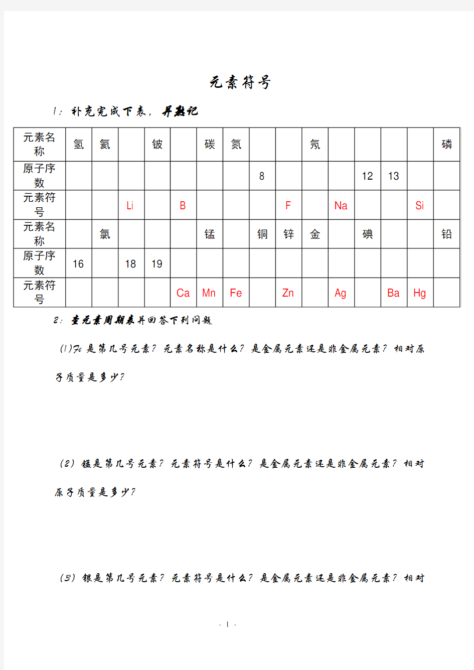 初三化学元素符号概要