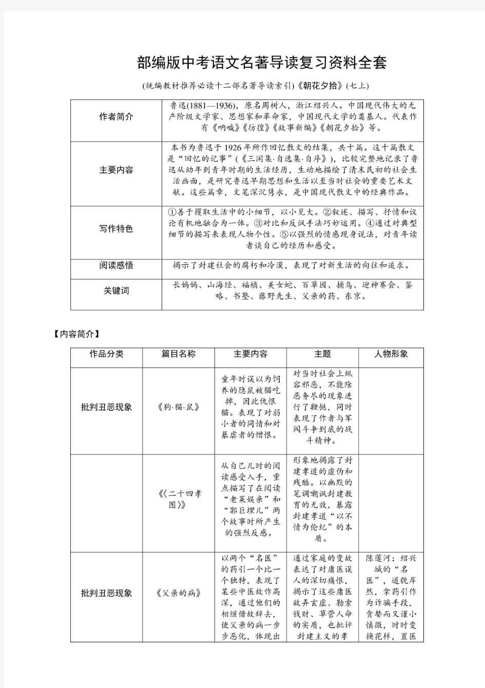 2020年部编版中考语文名著导读复习资料全套