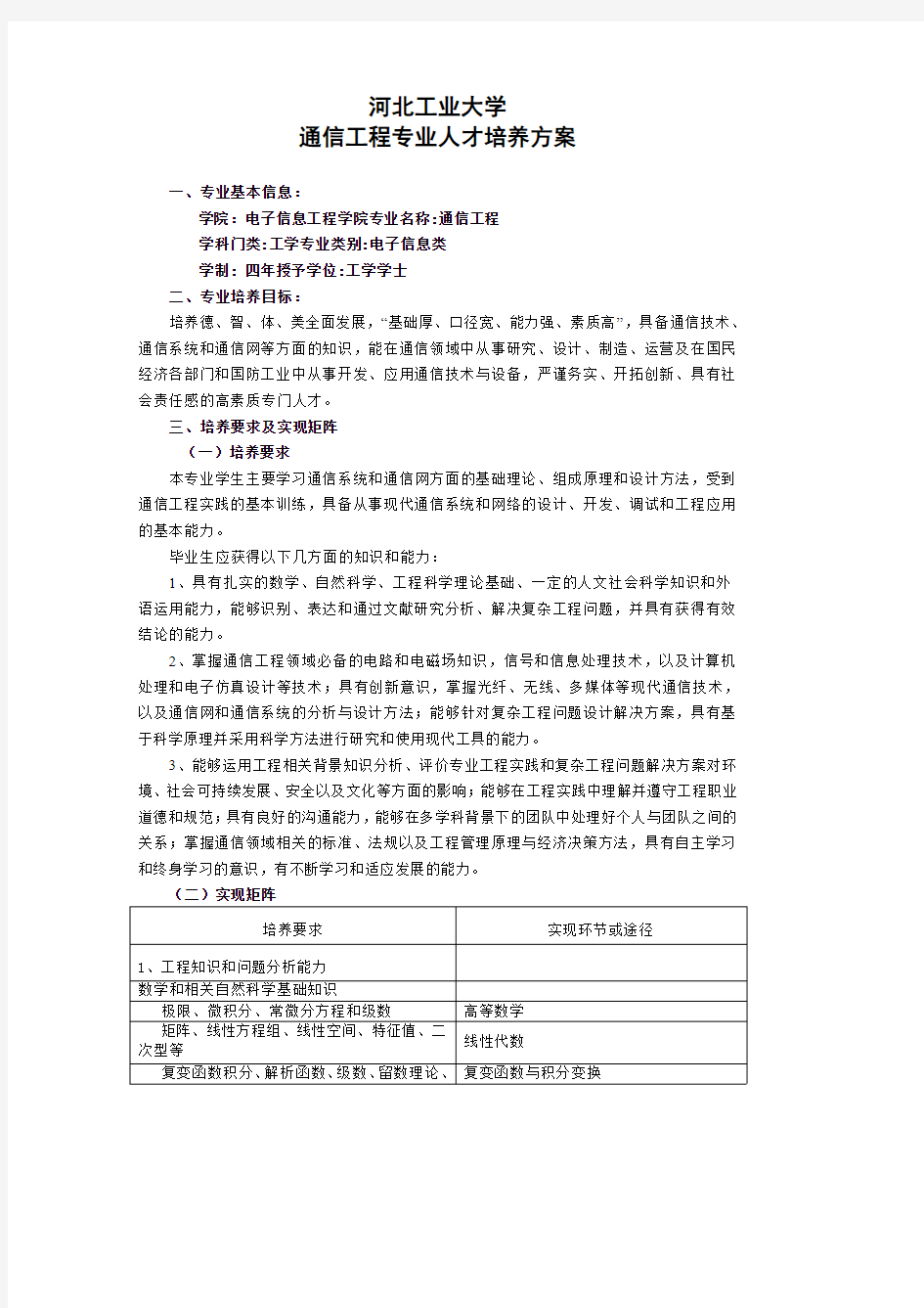 河北工业大学通信工程专业人才培养方案