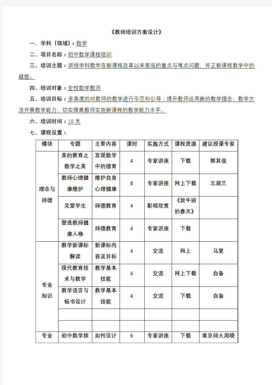 教师培训方案设计说明