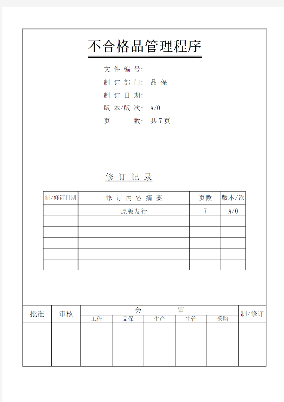 不合格品管理程序样板