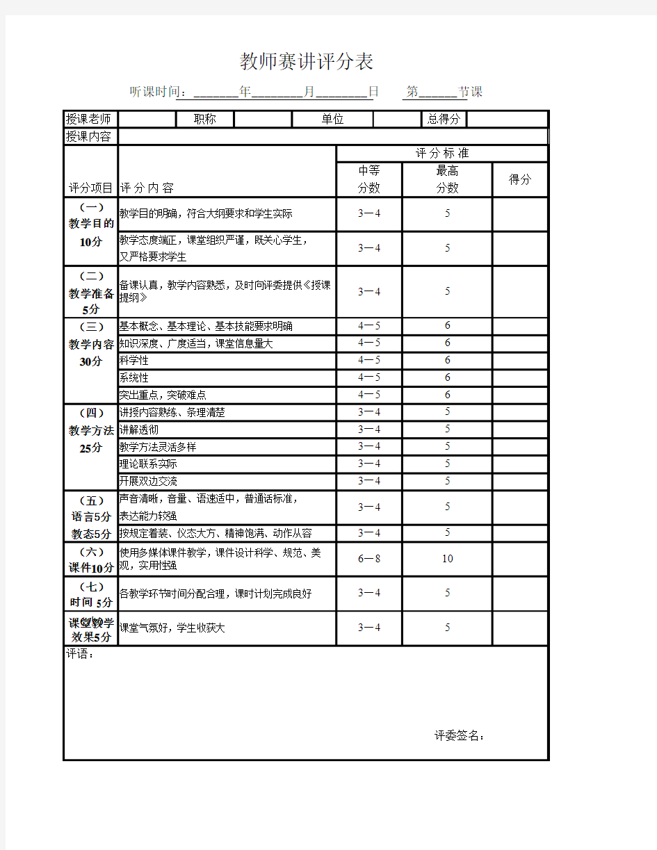 讲课赛课评分表