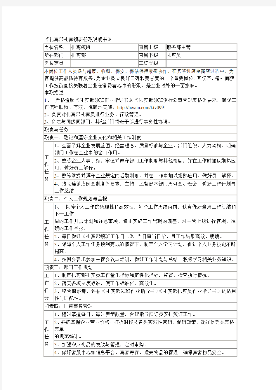 某连锁餐饮企业礼宾部礼宾领班职务说明书