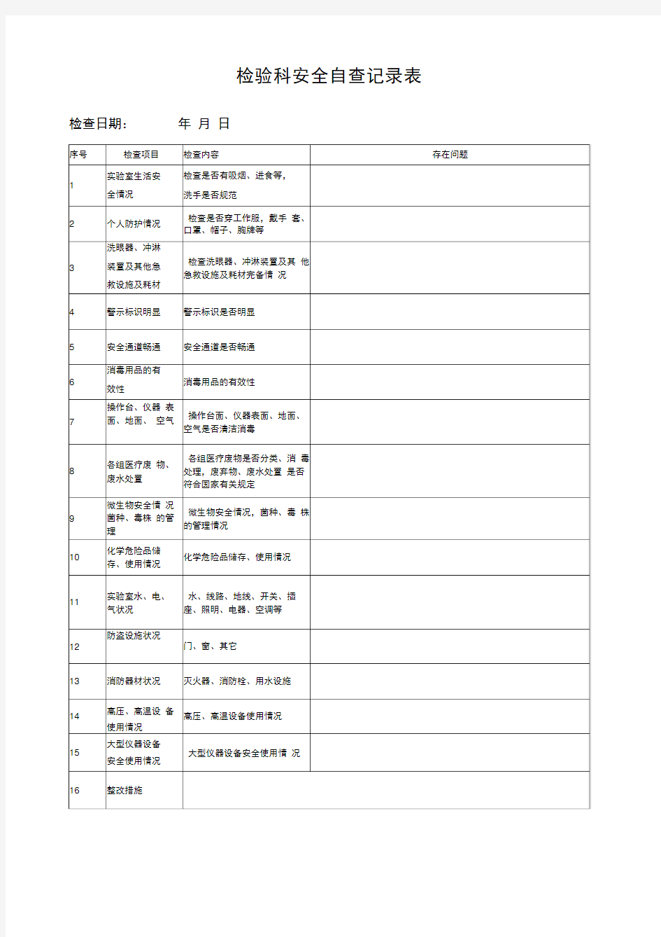 检验科每安全检查记录表