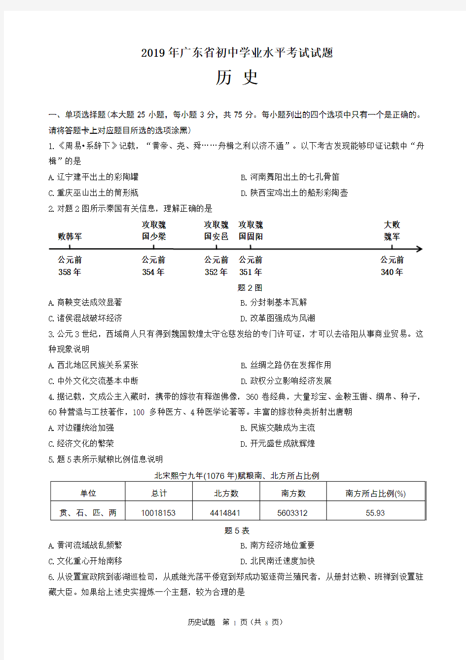 2019年广东省中考历史试题(含答案)