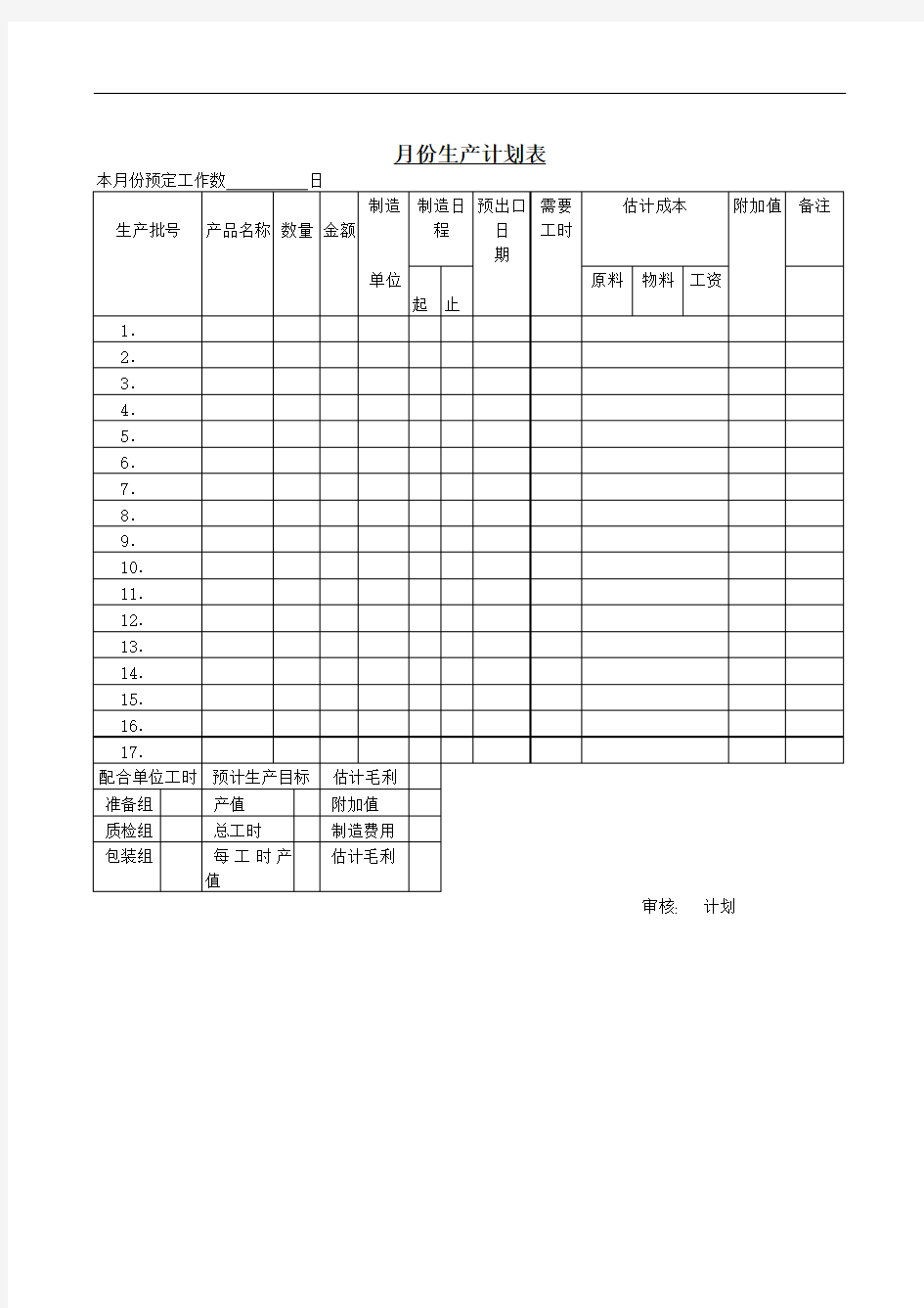 月份生产计划表