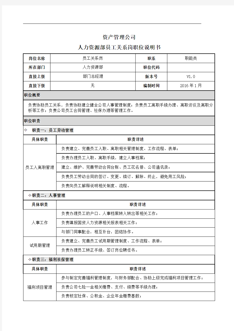 金融行业资产管理公司3人力资源员工关系岗职位说明书