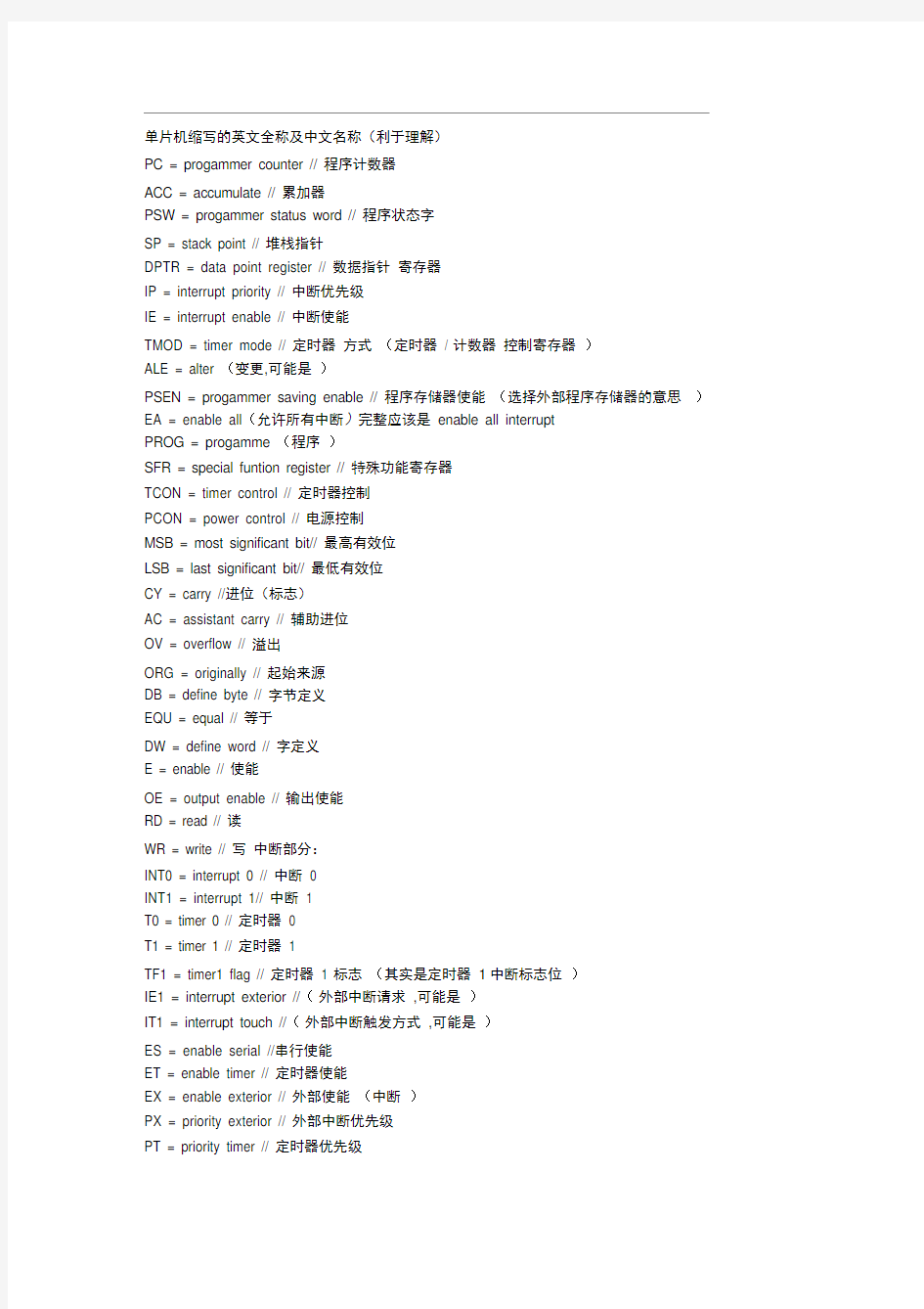 完整版单片机模块中的缩写英文及中文全称