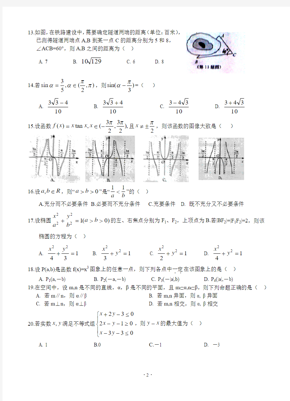 2014年7月浙江省普通高中学业水平考试数学试卷(完整版,含参答案)