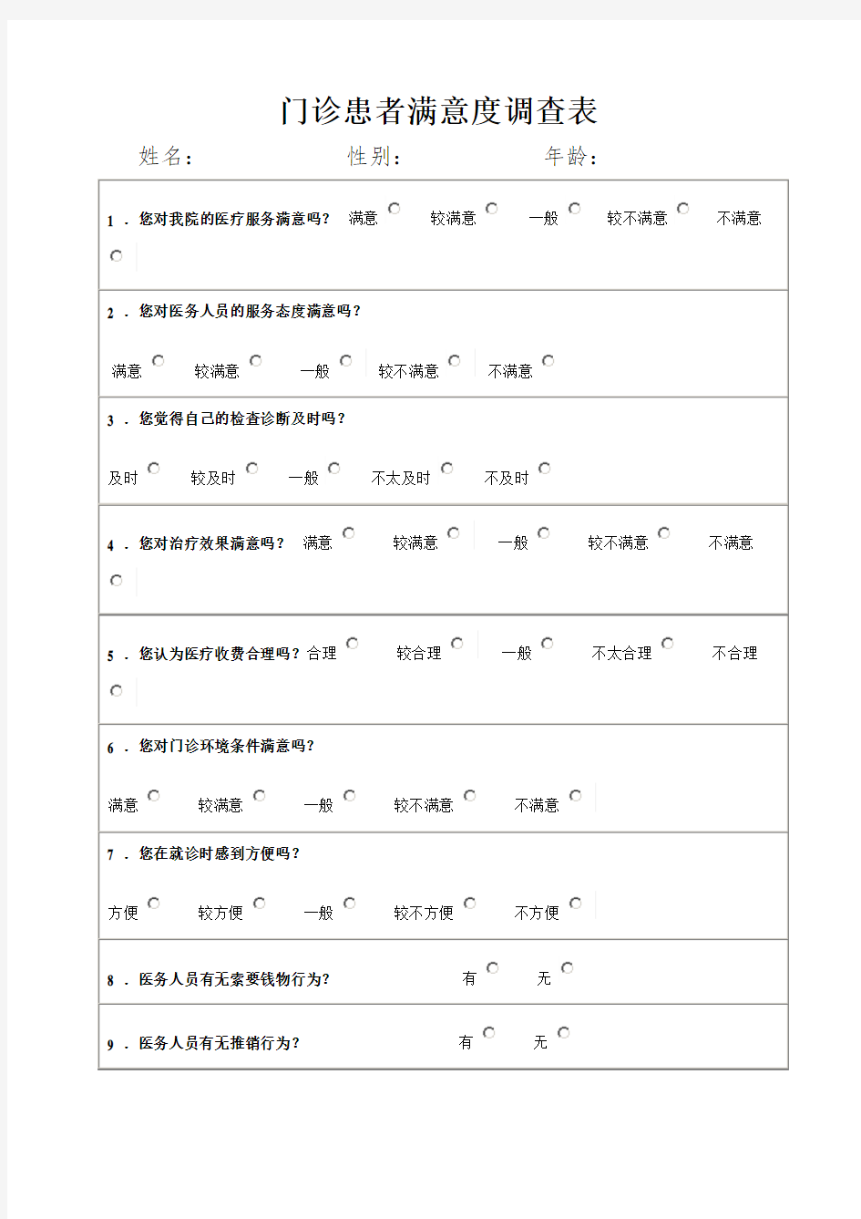 门诊患者满意度调查表