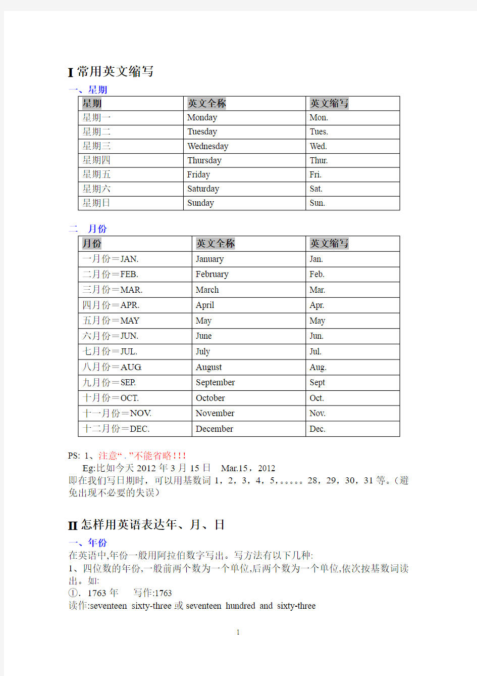 英语缩写：星期、月、日期及表达