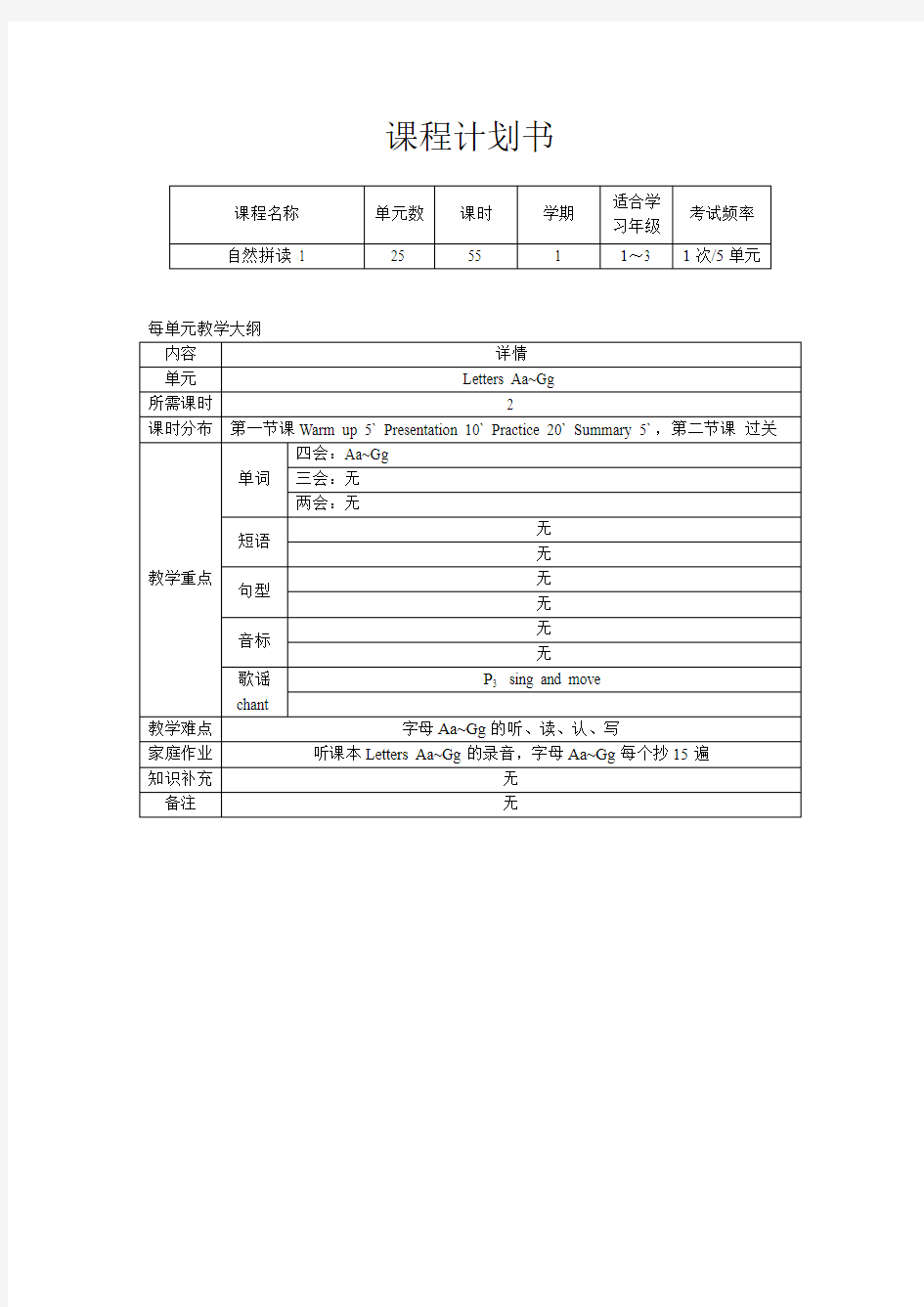 自然拼读1课程计划书