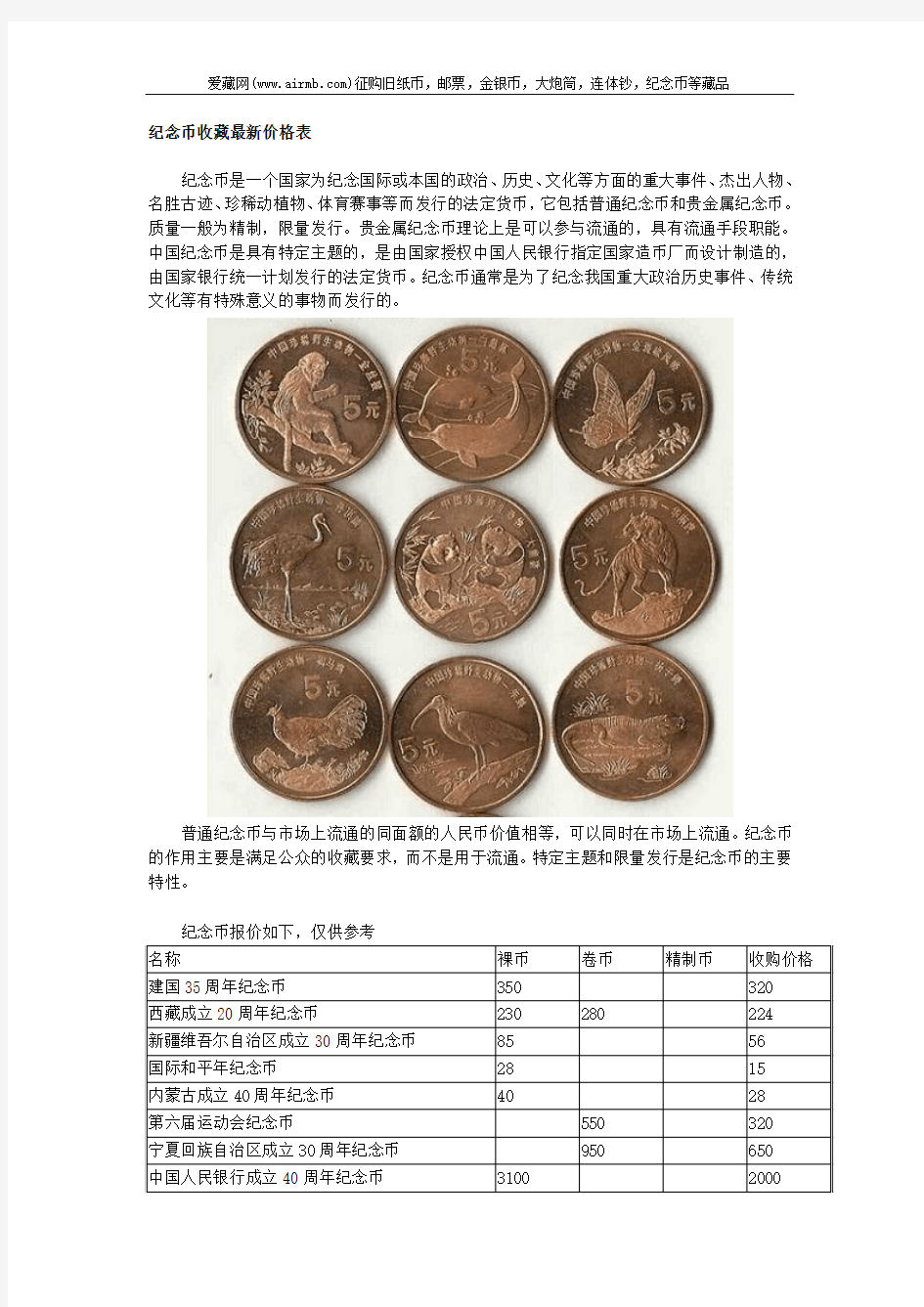 纪念币收藏最新价格表
