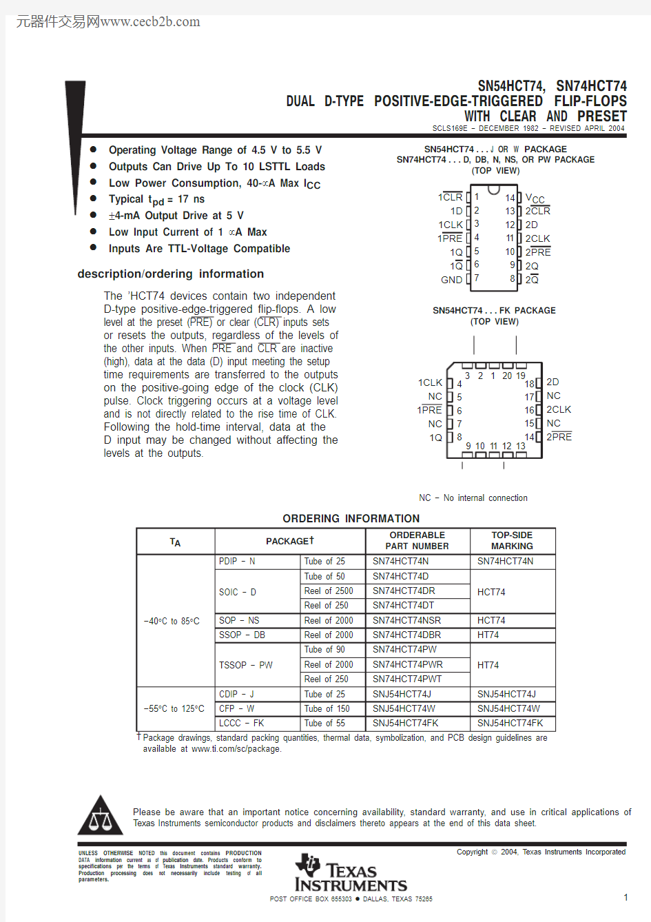 SN74HCT74NSR中文资料