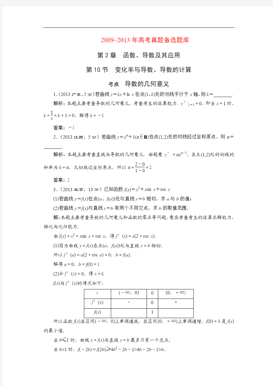 2015届高三数学(文)湘教版一轮复习5年高考真题备考题库：第2章  第10节  变化率与导数、导数的计算]