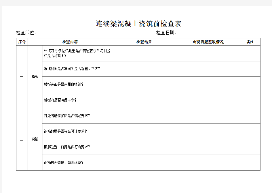 连续梁混凝土浇筑前检查表