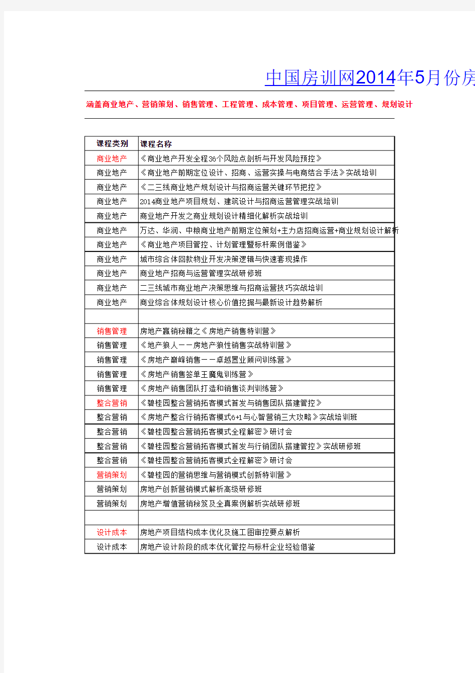2014年5月房地产精品公开课课程安排表(共计82场)——中国房训网