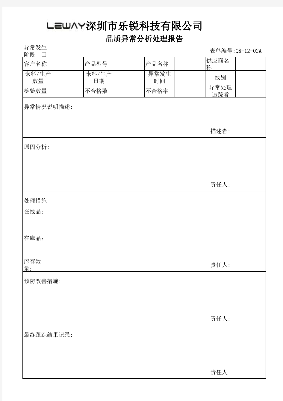 品质异常报告表格1