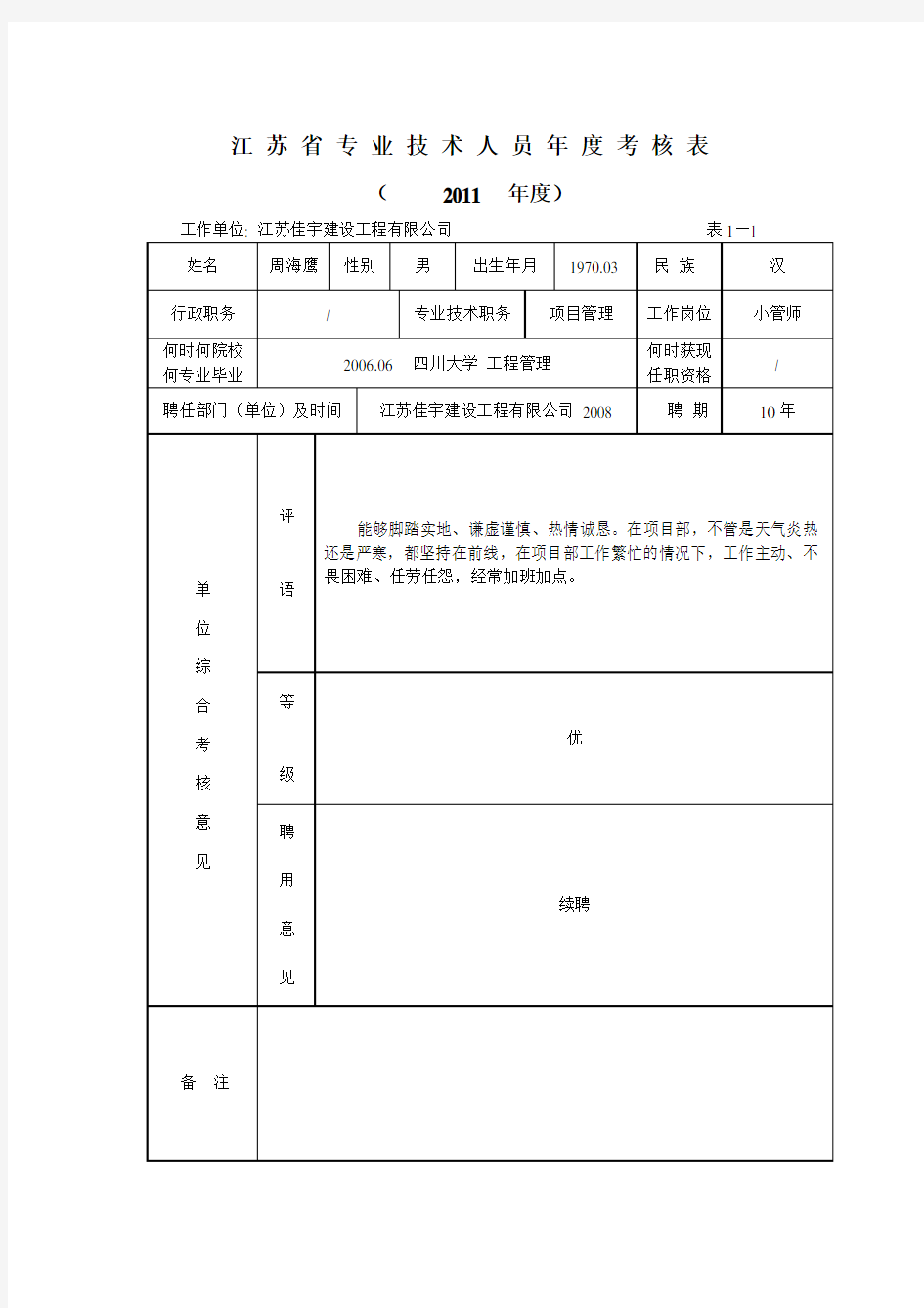 11江苏省专业技术人员年度考核表