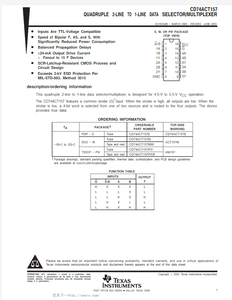 CD74ACT157PWR,CD74ACT157M,CD74ACT157M96,CD74ACT157M96E4,CD74ACT157PWRE4, 规格书,Datasheet 资料