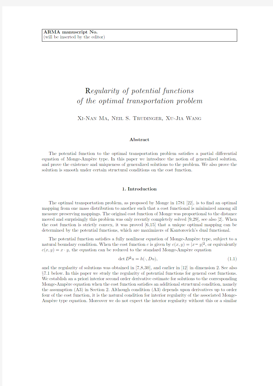 规律的最佳交通问题的潜在功能Regularity of potential functions of the optimal transportation problem