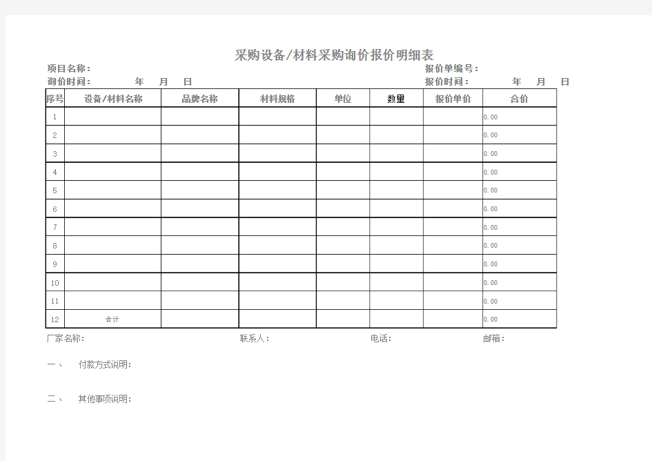 材料采购询价报价明细表  模版