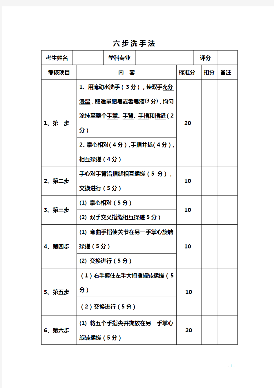 六步洗手法操作评分标准