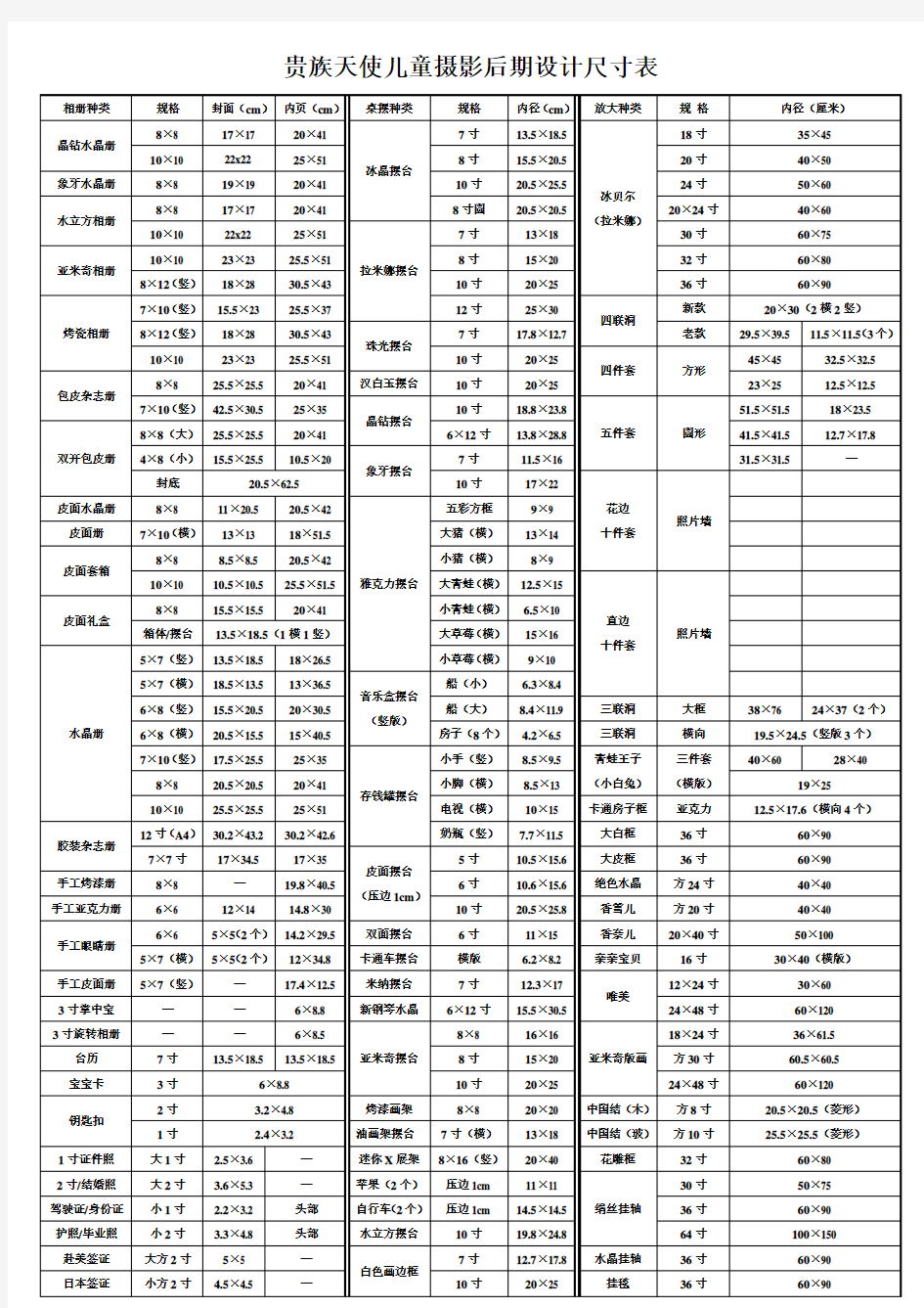 相册规格一览表